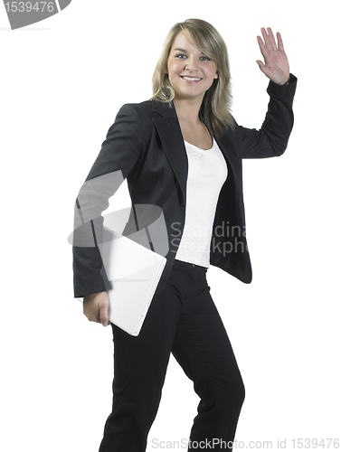 Image of greeting young business woman with laptop