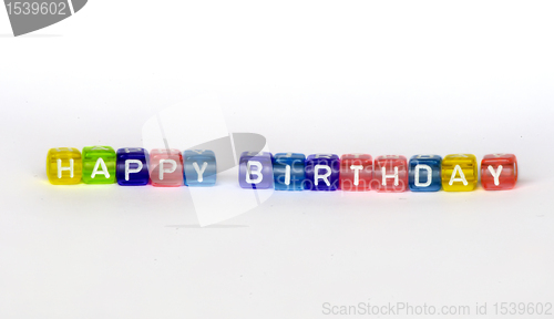 Image of Text Happy Birthday on colorful wooden cubes