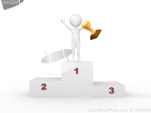 Image of 3d people- human character with the cup on the podium This is a 