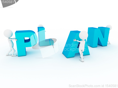 Image of 3d business characters building plan word