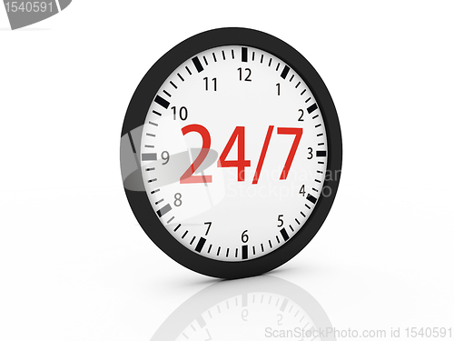 Image of one clock with the numbers 24 and 7 on center, concept of full a