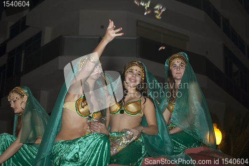 Image of LANZAROTE-JANUARY 5: Happy young costumed girls during the caval