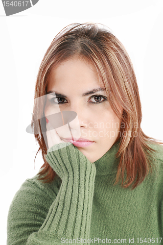 Image of Young beautiful woman in depression, isolated on white