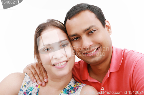 Image of Young happy couple love smiling, looking at camera, isolated ove