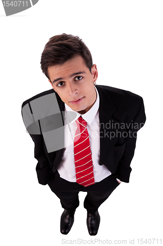 Image of Portrait of a young business man view from above; isolated on white background