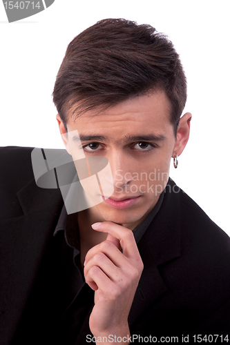 Image of handsome young man, thinking, isolated on white background