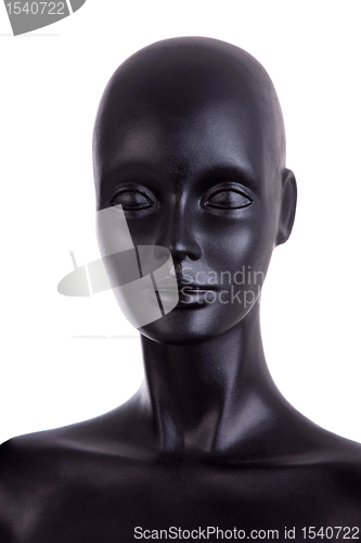 Image of Front view of a black mannequin dummy head isolated on white background