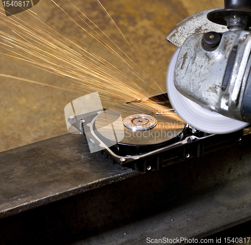 Image of angular grinder cleaning data from hard drive