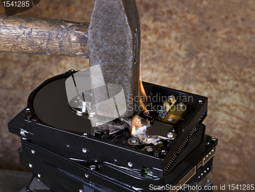 Image of hammer and burning hard disks