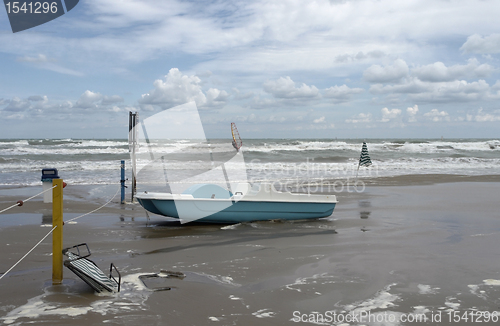 Image of green boat at ebb tide