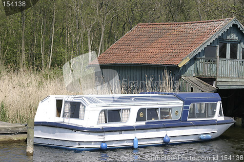 Image of river boat moored next to a house
