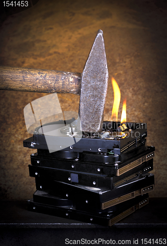 Image of hammer and burning hard disks