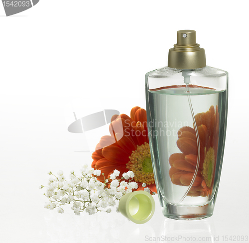 Image of perfume bottle and floral decoration