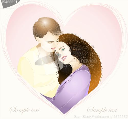 Image of Happy young couple in love. Hand drawn valentines day greeting card.