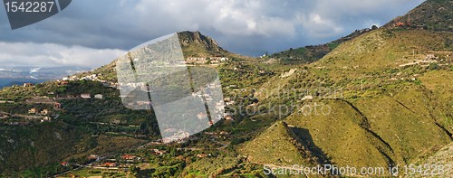 Image of Dawn panorama of hills near Taormina  in Sicily, Italy