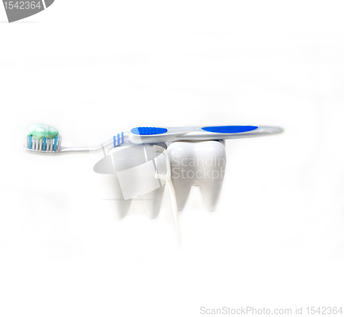 Image of two teeth and brush isolated on white