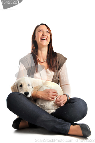 Image of puppy golden retriever and girl