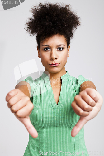 Image of Beautiful woman with thumbs down