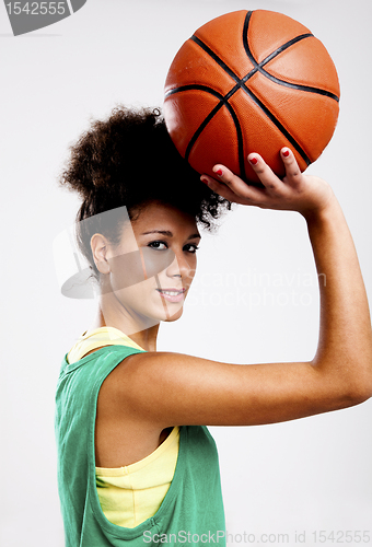 Image of Beautiful woman with basketball