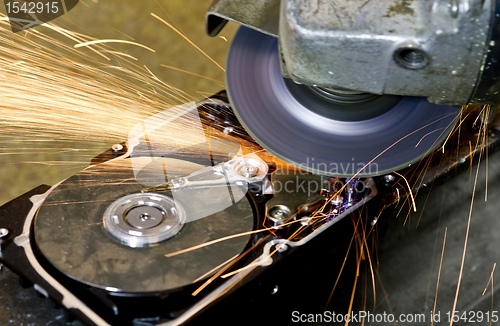 Image of angular grinder cleaning data from hard drive