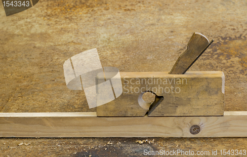 Image of planer on wood in rusty background