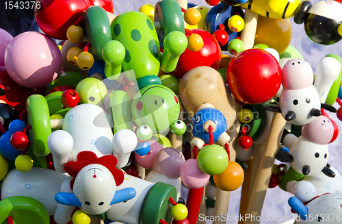 Image of Closeup of colorful wooden toys sold in fair trade 