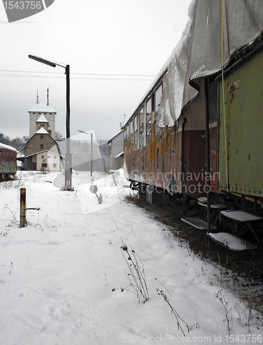 Image of old railway cars and station