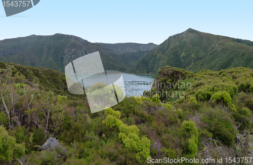 Image of overgrown lakeside scenery at the Azores