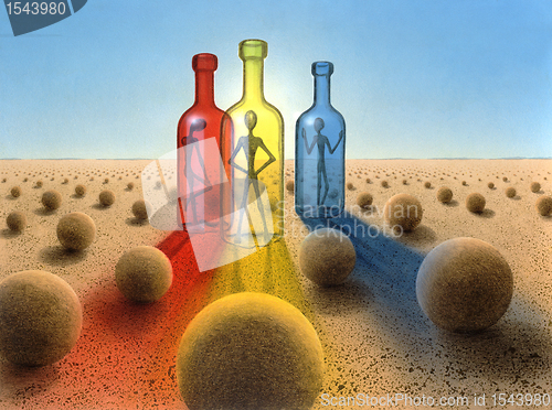 Image of three bottles in surreal desert ambiance