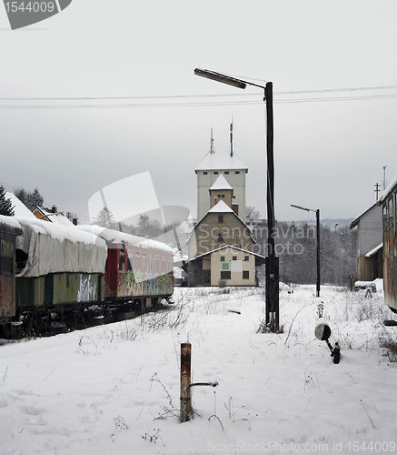 Image of old railway cars and station