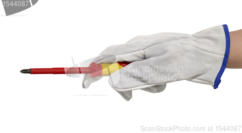 Image of gloved hand with screwdriver