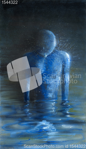 Image of Blue figure standing in water, oil painting