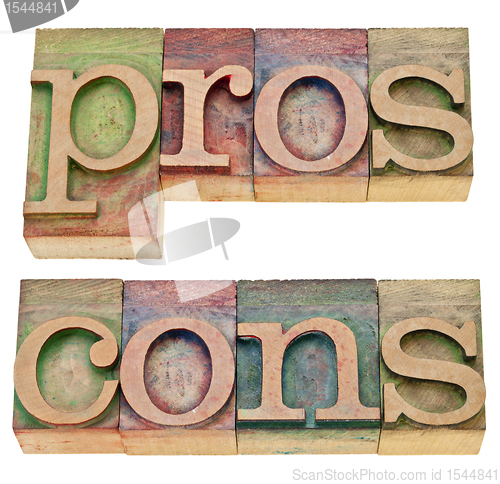 Image of pros and cons in letterpress type