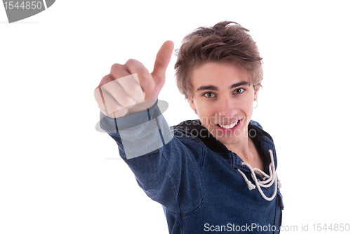 Image of young man smiling, with thumb up, isolated on white