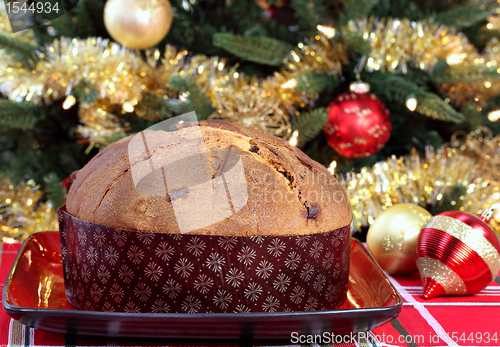 Image of Whole Panettone in front of Christmas Tree