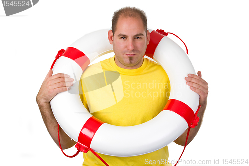 Image of Young man with life belt 