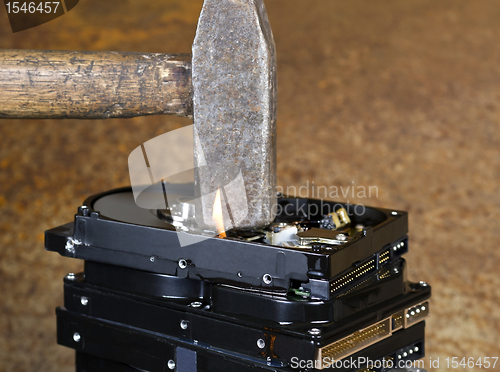 Image of hammer and burning hard disks