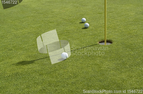 Image of hole and golf balls in green back