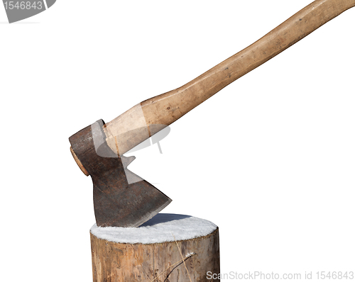 Image of Axe and log isolated on white background