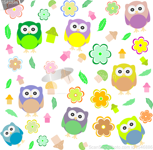 Image of background with spring elements - owls, mushrooms, flowers
