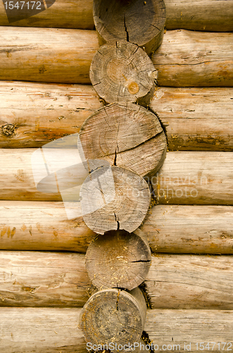 Image of Log wooden house made of tree trunk wall closeup 