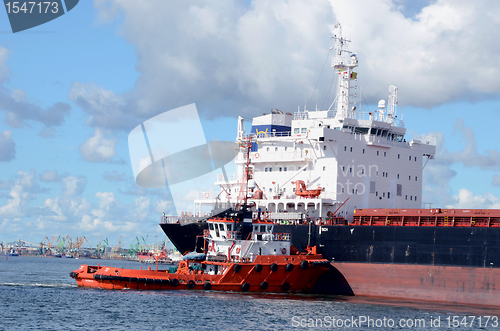 Image of Industrial commercial cargo ships cranes sea port 