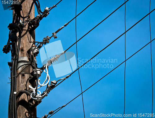 Image of High voltage post against blue sky