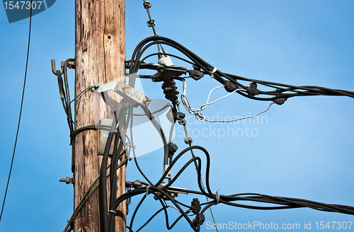 Image of High voltage post against blue sky