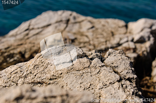 Image of Grey rocks on the shore of an ocean