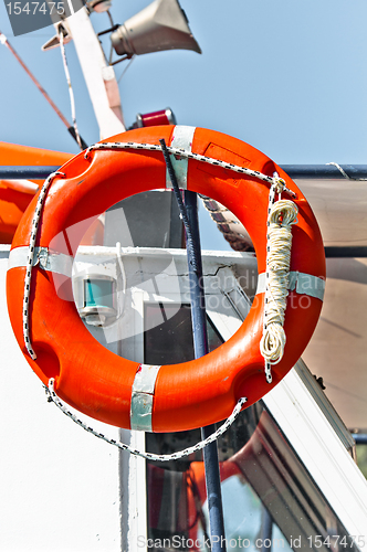 Image of Red bouy on a boat ready to save lives