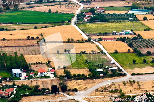 Image of Aerial view of green fields 