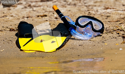 Image of Goggles and flippers on the shore