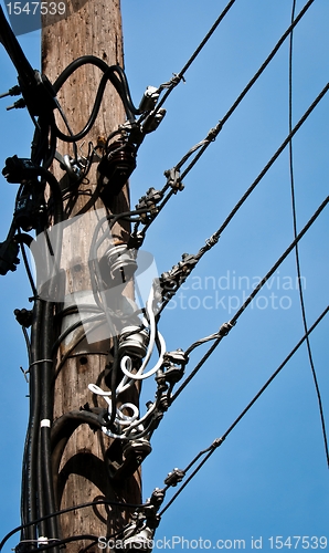 Image of Hihg voltage post against blue sky