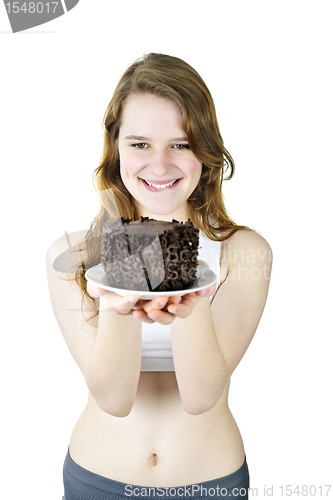 Image of Young girl holding chocolate cake